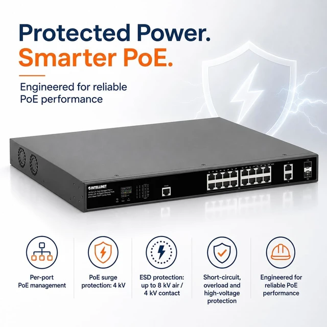 Alt view image 4 of 7 - Intellinet 18-Port Managed PoE++ Switch, 518W Budget, 2 SFP Ports