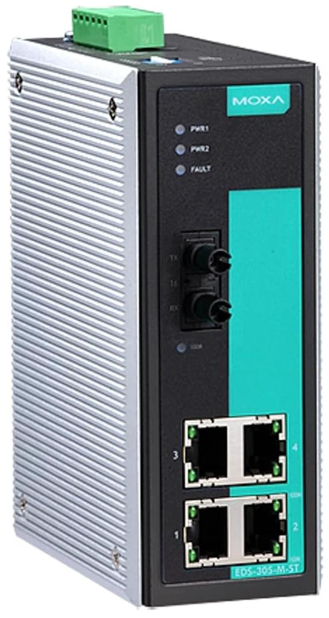 Main image of MOXA EDS-305-M-ST-T - Unmanaged Switch with 4 10/100BaseT(X) Ports, 1 100BaseFX Multi Mode ST Connector, -40 to 75°C Operating Temperature