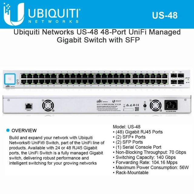 Main image of UniFi Managed Switch US-48 SFP Ports Gigabit RJ45 48 Ports Non-Blocking Throughput 70 Gbps