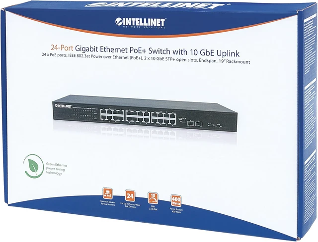 Alt view image 5 of 5 - Intellinet 24-Port Gigabit PoE+ Switch, 10 GbE SFP+ Uplink, Black