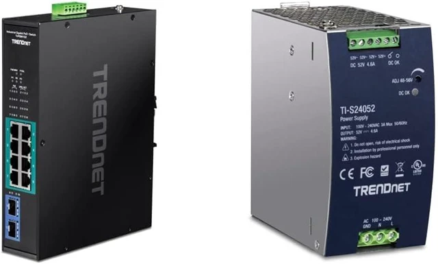 Main image of TRENDnet Bundle 10-Port Industrial Gigabit PoE+ Switch TI-PGM102, 240W 52V DC 4.61A AC to DC DIN-Rail Industrial Power Supply TI-S24052