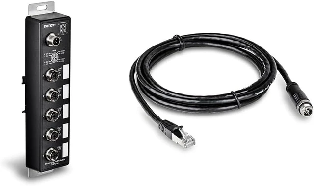 Main image of TRENDnet Bundle 5-Port Industrial EN50155 M12 Gigabit PoE+ Railway Switch, TI-XPG50 + M12 to RJ-45 Industrial Ethernet Cable, 2m (6.5 ft.), TI-CD02
