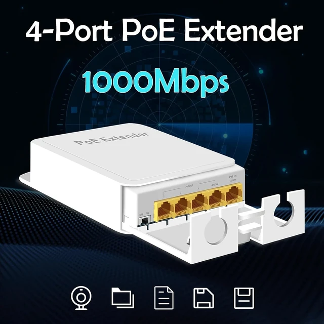Alt view image 6 of 7 - Outdoor 5 Port Gigabit PoE Switch/Extender, IEEE 802.3 af/at PoE Repeater, 10/100/1000Mbps, 1 PoE in 4 PoE Out, Powered by PoE, Wall Mount Waterproof POE Passthrough Switch