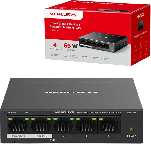Main image of MERCUSYS 5-Port Computer Gigabit Ethernet Switch with 4-Port PoE+, 65W PoE, Support 802.3af/at PDs, Power Management, Metal Box, Plug & Play, No Setup Required (MS105GP)