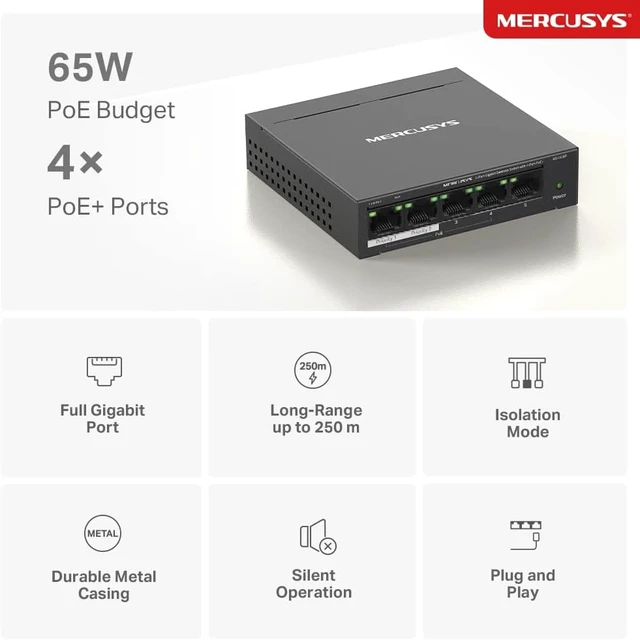 Alt view image 5 of 7 - MERCUSYS 5-Port Computer Gigabit Ethernet Switch with 4-Port PoE+, 65W PoE, Support 802.3af/at PDs, Power Management, Metal Box, Plug & Play, No Setup Required (MS105GP)