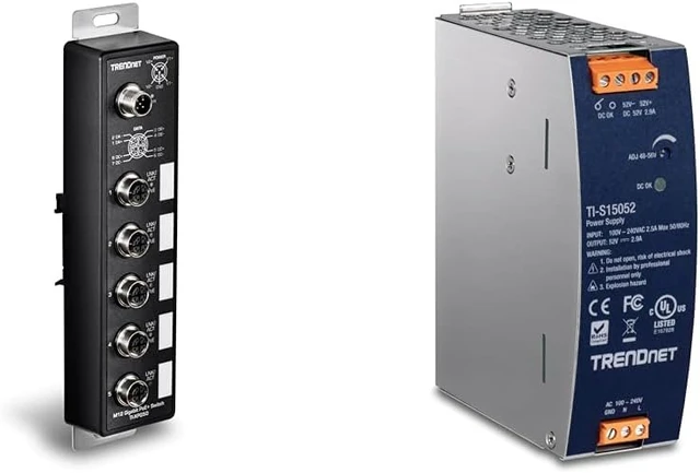 Main image of TRENDnet Bundle 5-Port Industrial EN50155 M12 Gigabit PoE+ Railway Switch, TI-XPG50, 150W, 52V DC, 2.89A AC to DC DIN-Rail Power Supply, TI-S15052