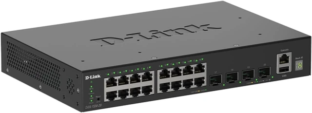 Main image of D-Link DGS-1530-20 16-Port Gigabit Stackable Smart Managed Switch 4 Ports 10G SFP+ for uplink, 6kV Surge Protection on ethernet Ports, QoS, Enterprise Security, RPS Support