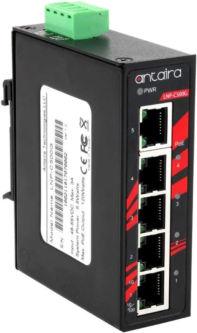 Main image of Antaira LNP-C500G-T Industrial-Grade 5-Port PoE Unmanaged Gigabit Ethernet Switch, DIN-Rail Mount, -40 to 75°C Operating Temperature, Redundant 48 to 55 VDC Power Input, 5-Year Warranty