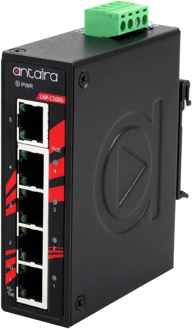 Alt view image 2 of 5 - Antaira LNP-C500G-T Industrial-Grade 5-Port PoE Unmanaged Gigabit Ethernet Switch, DIN-Rail Mount, -40 to 75°C Operating Temperature, Redundant 48 to 55 VDC Power Input, 5-Year Warranty