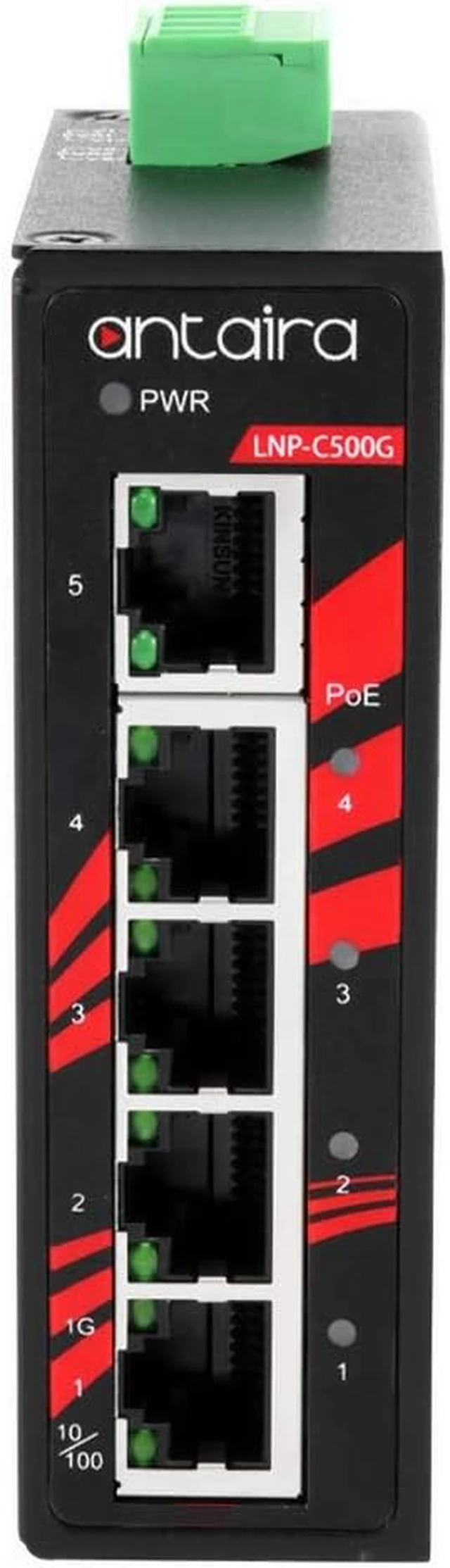 Alt view image 4 of 5 - Antaira LNP-C500G-T Industrial-Grade 5-Port PoE Unmanaged Gigabit Ethernet Switch, DIN-Rail Mount, -40 to 75°C Operating Temperature, Redundant 48 to 55 VDC Power Input, 5-Year Warranty
