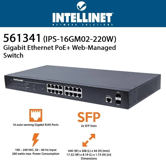 Alt view image 2 of 2 - Intellinet 561341 IPS-16GM02-220W 16-Port Gigabit Ethernet PoE+ Web-Managed Switch with 2 SFP Ports
