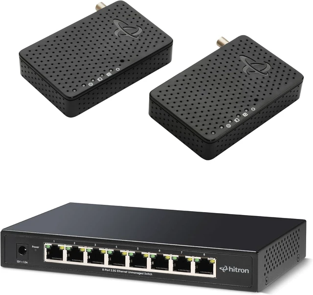 Main image of Hitron MoCA 2.5 Adapter & 2.5G Ethernet Switch Bundle (2 HTEM5 Coax to Ethernet Adapters + APEX2005 5-Port 2.5 Gigabit Network Switch)