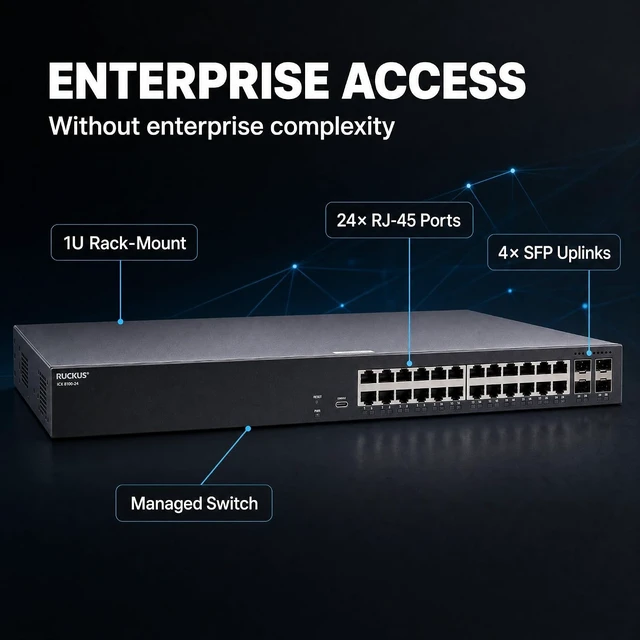 Alt view image 2 of 7 - Ruckus ICX8100-24 Managed Switch, 24× 10/100/1000 Mbps RJ-45, 4× 1GbE SFP Uplinks Enterprise Layer 2 Access Switch, No Licensing Required