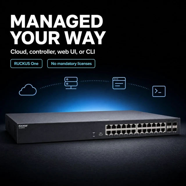 Alt view image 3 of 7 - Ruckus ICX8100-24 Managed Switch, 24× 10/100/1000 Mbps RJ-45, 4× 1GbE SFP Uplinks Enterprise Layer 2 Access Switch, No Licensing Required