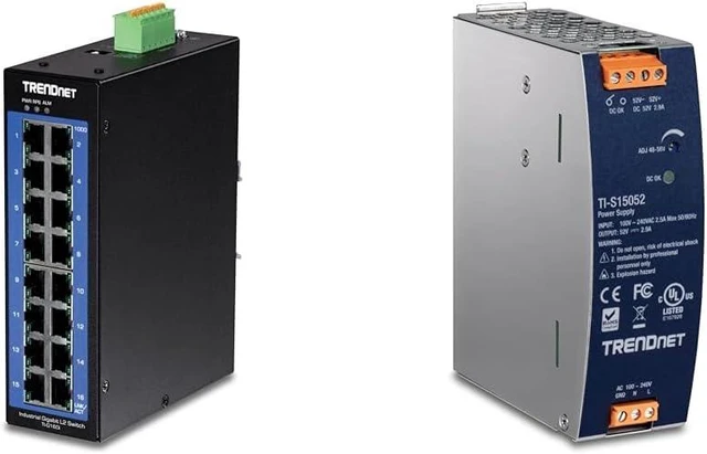Main image of Bundle: TRENDnet 16-Port Industrial Gigabit L2 Managed DIN-Rail Switch, Layer 2 Switch TI-G160i + TRENDnet 150W, 52V DC, 2.89A AC to DC DIN-Rail Power Supply, TI-S15052