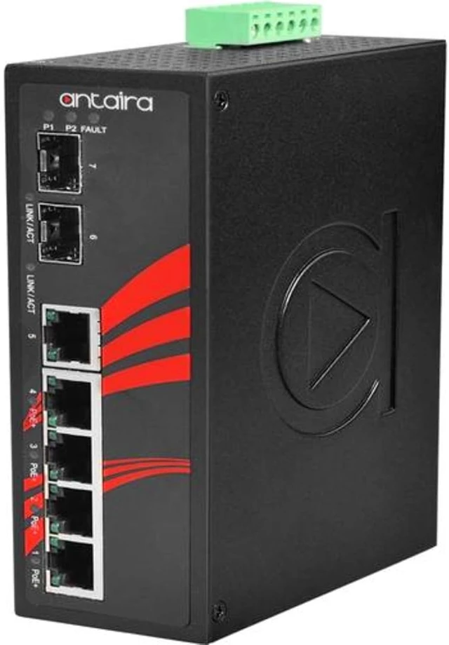 Main image of Antaira LNP-0702C-SFP-24-T Industrial-Grade 7-Port PoE Unmanaged Gigabit Ethernet Switch, 2 SFPs, DIN-Rail Mount, -40 to 75°C Operating Temperature, Redundant 12 to 36 VDC Power Input, 5-Year Warranty