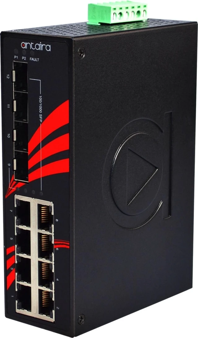 Alt view image 2 of 5 - Antaira LNX-1204G-SFP Industrial-Grade 12-Port Unmanaged Gigabit Ethernet Switch, 4 SFP Slots, DIN-Rail Mount, -10 to 70°C Operating Temperature, Redundant 12 to 48 VDC Power Input