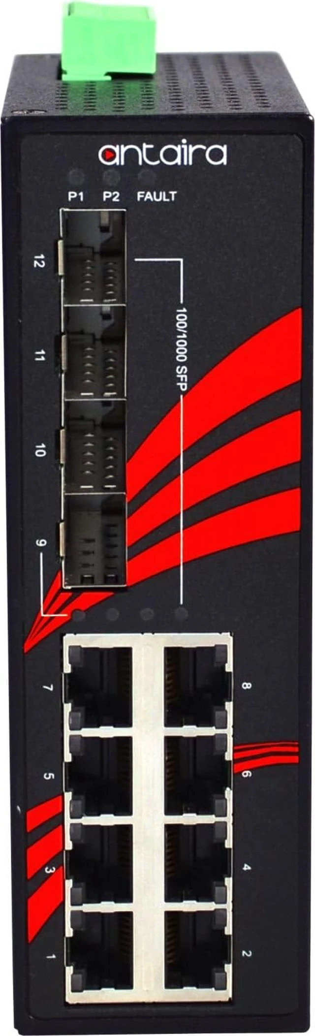Alt view image 3 of 5 - Antaira LNX-1204G-SFP Industrial-Grade 12-Port Unmanaged Gigabit Ethernet Switch, 4 SFP Slots, DIN-Rail Mount, -10 to 70°C Operating Temperature, Redundant 12 to 48 VDC Power Input