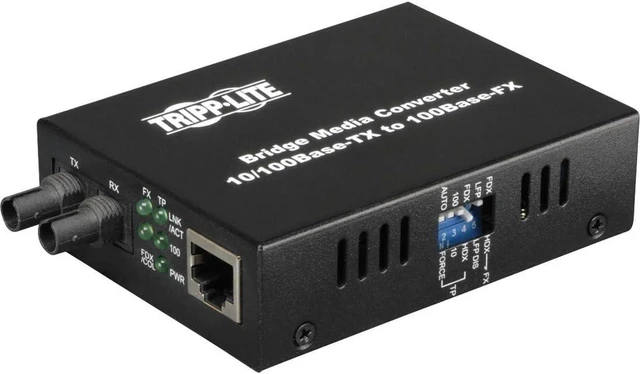 Main image of Tripp Lite Network Copper RJ45 Ethernet to Fiber ST Duplex Multimode Extender Media Converter, 1310nm Wavelength, 10/100 Mbps, Extend up to 1.2 Miles / 2 Km, 2-Year Warranty (N784-001-ST)