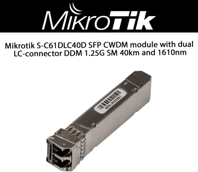 Alt view image 2 of 3 - Mikrotik S-C61DLC40D SFP CWDM Module with Dual LC-Connector DDM 1.25G SM 40km and 1610nm