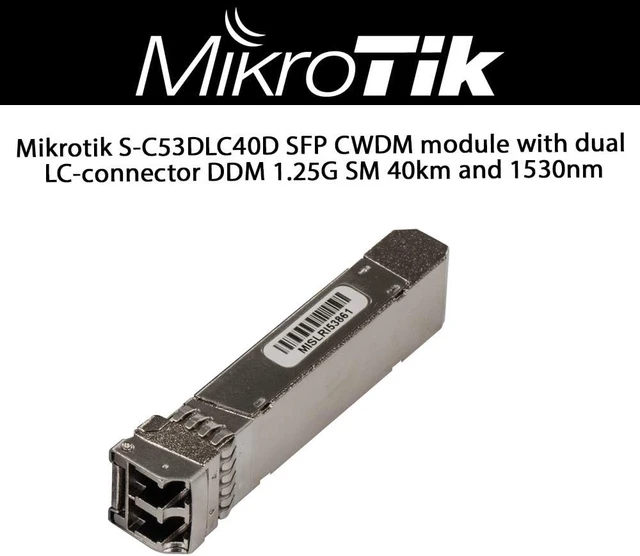 Alt view image 2 of 2 - Mikrotik S-C53DLC40D SFP CWDM Module with Dual LC-Connector DDM 1.25G SM 40km and 1530nm