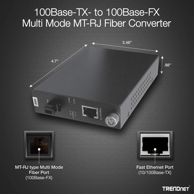 Alt view image 2 of 4 - TRENDnet 100Base-TX to 100Base-FX Multi Mode MT-RJ Fiber Media Converter (2 Km /1.2 Miles), Multimode Fiber, Fiber to Ethernet Converter, RJ-45, MT-RJ Type Connector, Lifetime Protection, TFC-110MM