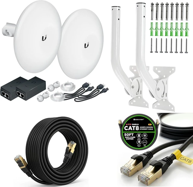 Main image of Wireless Bridge Ubiquiti NBE-M5-16 PRE-CONFIGURED, Bundle of 2 Ubiquiti NanoBeam M5, Two Mounting Poles and 1 CAT 8 Cable 50FT, Point to Point Outdoor WiFi Bridge, Plug and Play, 5GHz,15+km Link Range