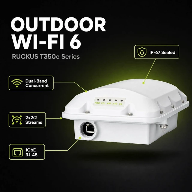 Alt view image 2 of 7 - Ruckus T350c Wi-Fi 6 Outdoor Access Point Dual-Band 1.8 Gbps, Omnidirectional BeamFlex+ Antennas, 512 Devices, 1× 1GbE PoE, IP-67 Rated Ruckus One, SmartZone, or Unleashed (901-T350-US20)