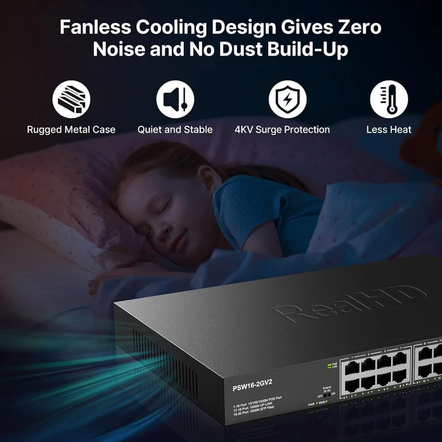 Alt view image 3 of 7 - 16 Port Full Gigabit PoE Switch with 2 *Gigabit SFP Ports & RJ45 Ports, Unmanaged Plug and Play, High Power Total Budget 300W, 802.3af/at Compliant, Fanless & Slience, Metal Housing, Rack Mount