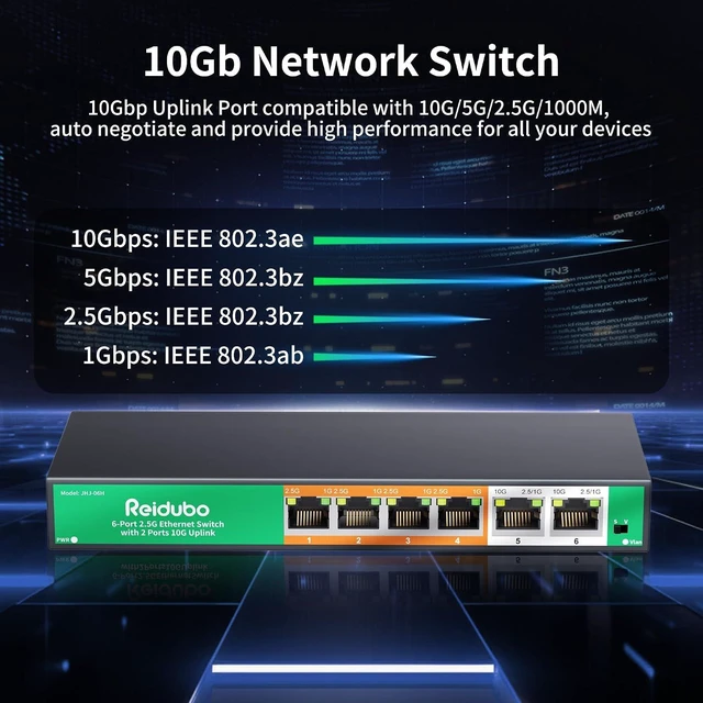 Alt view image 3 of 7 - 6-Port 10Gb Ethernet Switch Unmanaged, 2 x 10Gb RJ45 Uplink Ports + 4 x 2.5Gb Base-T Ports, Compatible with 10G/5G/2.5G/1G, Fanless Metal , VLAN, Plug-and-Play Network Switch for NAS, AP, PC