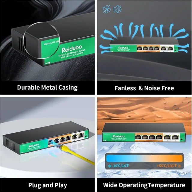 Alt view image 6 of 7 - 6-Port 10Gb Ethernet Switch Unmanaged, 2 x 10Gb RJ45 Uplink Ports + 4 x 2.5Gb Base-T Ports, Compatible with 10G/5G/2.5G/1G, Fanless Metal , VLAN, Plug-and-Play Network Switch for NAS, AP, PC