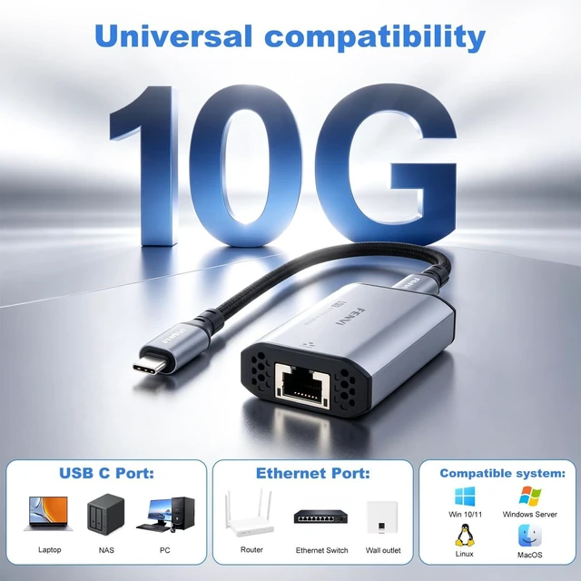 Alt view image 3 of 7 - Fenvi 10Gbps USB-C Ethernet Adapter RTL8159 Mac NAS Gaming USB-C Compatible
