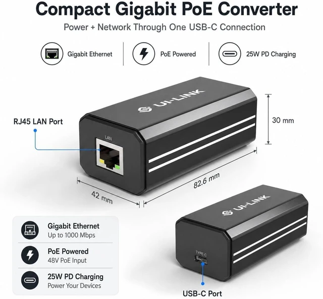 Alt view image 2 of 6 - Gigabit PoE to USB-C Adapter, 25W PD Charging and 1000Mbps Ethernet, IEEE 802.3af/at Converter for Tablets, Kiosks, Cameras and Echo Hub