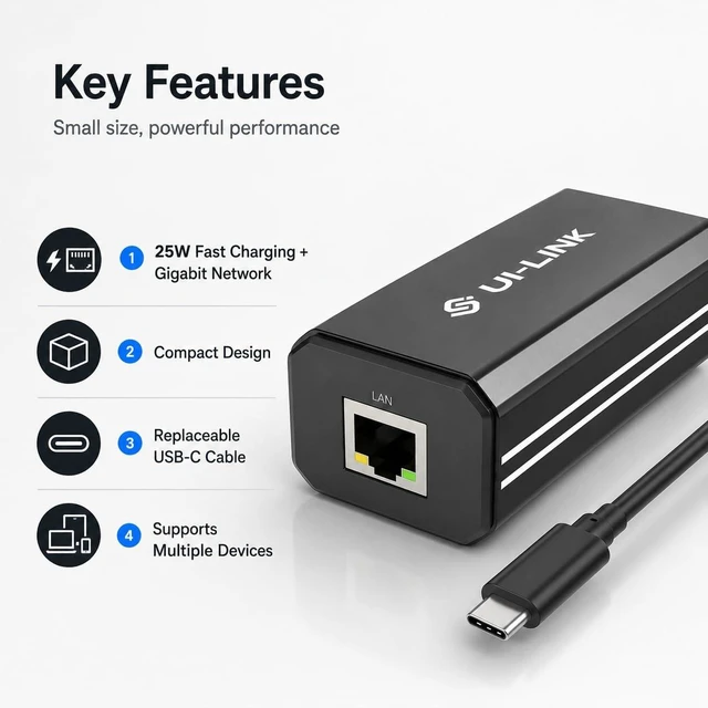 Alt view image 5 of 6 - Gigabit PoE to USB-C Adapter, 25W PD Charging and 1000Mbps Ethernet, IEEE 802.3af/at Converter for Tablets, Kiosks, Cameras and Echo Hub