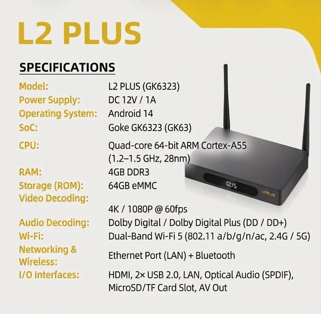 Alt view image 3 of 6 - L2 Plus, 2026 Lastest Box with WiFi Connection, 4GB RAM 64GB ROM cola