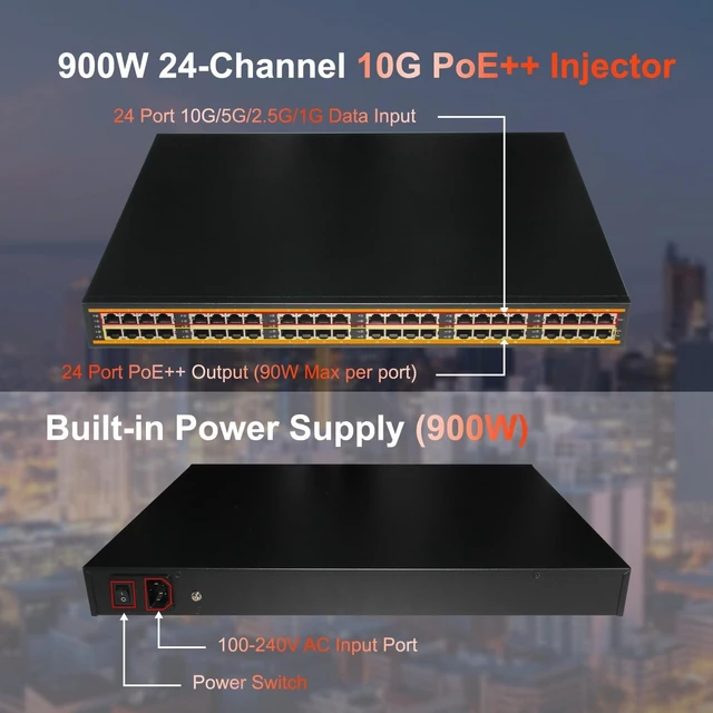 Alt view image 5 of 7 - 24 Port 802.3bt 10G PoE++ Injector, 24 Port 90W PoE++@900W, 1G/2.5G/5G/10Gbps PoE++ Midspan(Model:PE924R-10G-BT-900W)