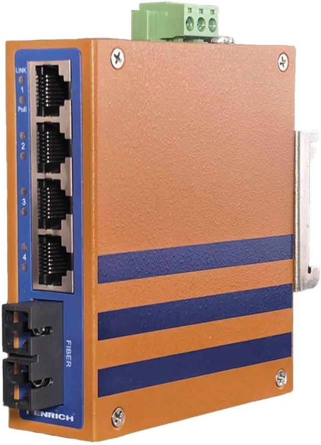 Main image of Henrich 5-Port Industrial Ethernet PoE+ DIN-Rail Switch, SC Fiber, 2km