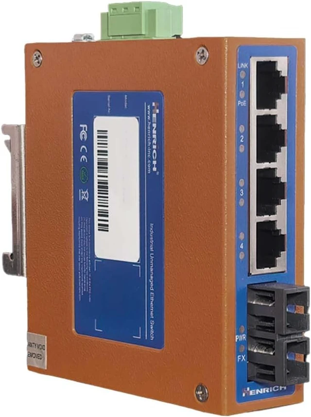 Alt view image 3 of 4 - Henrich 5-Port Industrial Ethernet PoE+ DIN-Rail Switch, SC Fiber, 2km