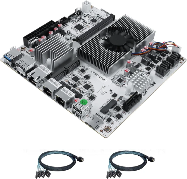Main image of StoneStorm 8-Bay NAS Mini-ITX Motherboard with fan, 10GB AQC113C NIC, Dual 2.5GbE port, DDR5 MAX 48G, Dual M.2 NVMe 2280, PCI-E x4, Type-C 10Gbps, Dual 4K Display, TF slot (N150 with 2 SFF-8643 cable)