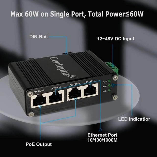 Alt view image 2 of 6 - Hardened Gigabit 2-Port PoE+ Injector 60W 12-48V DC