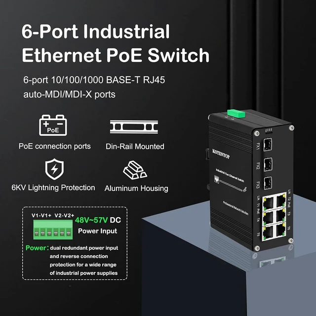 Alt view image 5 of 7 - Industrial 9-Port Ethernet PoE+ Switch, Hardened Network Fiber Switch with 6 x 10/100 RJ45 Plus & 3 x 100Base-FX SFP,Support 48-57V DC Input, IEEE802.3af/at, 30W/Port 180W Total, Plug & Play