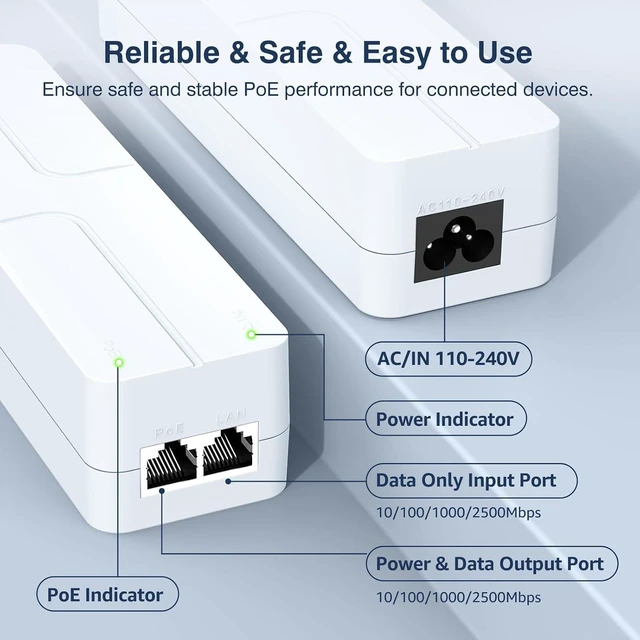 Alt view image 4 of 7 - 2.5Gb PoE++ Injector 90W, VunLink High Power IEEE 802.3bt Multi-Gig PoE Adapter, 55V Output, 10/100/1000/2500Mbps for WiFi 7 Access Point, PTZ Camera, Video Conference System, Plug & Play, Up to 100m