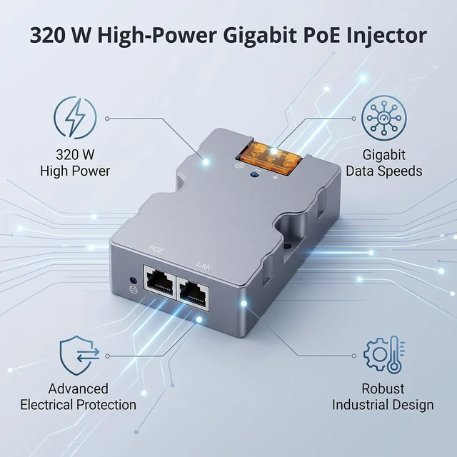Alt view image 4 of 7 - High Power GigE Passive PoE Injector 320W 48-57V 6A Ethernet Adapter for Demanding Applications