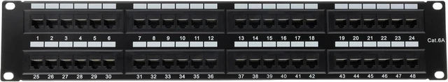 Main image of 48-Port Cat6a Patch Panel, Rackmount 19" Horizontal, Wall Mount Panel, RJ45 Ethernet 110 Type, 2U, Black