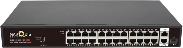 Main image of Marquis 24 Port Full Gigabit PoE Switch with 2 Uplink Gigabit Port, 24 Port PoE+ Network Switch, Total Budget 400W, 48V Standard POE, 802.3af/at Compliant, Unmanaged Plug and Play, Rack Mount