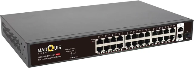 Alt view image 2 of 7 - Marquis 24 Port Full Gigabit PoE Switch with 2 Uplink Gigabit Port, 24 Port PoE+ Network Switch, Total Budget 400W, 48V Standard POE, 802.3af/at Compliant, Unmanaged Plug and Play, Rack Mount