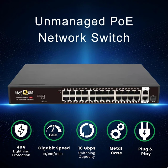 Alt view image 5 of 7 - Marquis 24 Port Full Gigabit PoE Switch with 2 Uplink Gigabit Port, 24 Port PoE+ Network Switch, Total Budget 400W, 48V Standard POE, 802.3af/at Compliant, Unmanaged Plug and Play, Rack Mount