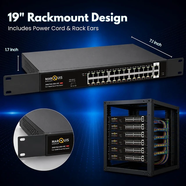 Alt view image 6 of 7 - Marquis 24 Port Full Gigabit PoE Switch with 2 Uplink Gigabit Port, 24 Port PoE+ Network Switch, Total Budget 400W, 48V Standard POE, 802.3af/at Compliant, Unmanaged Plug and Play, Rack Mount