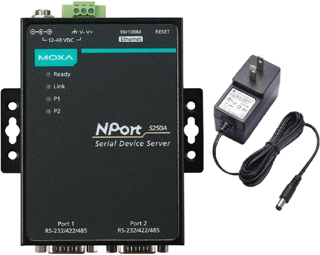 Main image of Moxa NPort 5250A with Adapter -2-Port Device Server, US Plug,10/100M Ethernet,3 in 1,RS-232/422/485, DB9 Male,12-48VDC