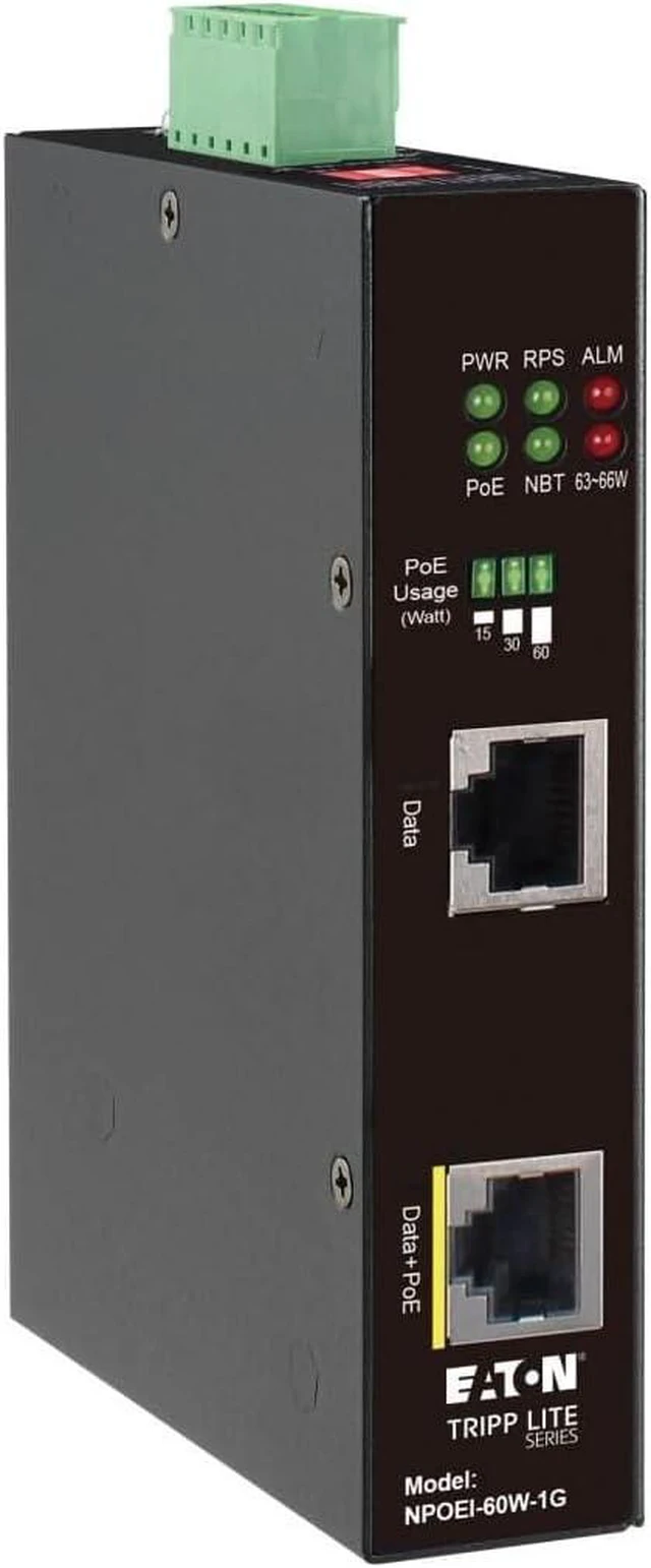 Main image of Tripp Lite Gigabit Ethernet PoE Injector Heavy-Duty Industrial, 1-Port, 60W PoE++, 1 Gbps, Power + Data up to 328 Feet / 100 Meters, IP30 Housing, DIN Rail-Mount Ready, 3-Year Warranty (NPOEI-60W-1G)